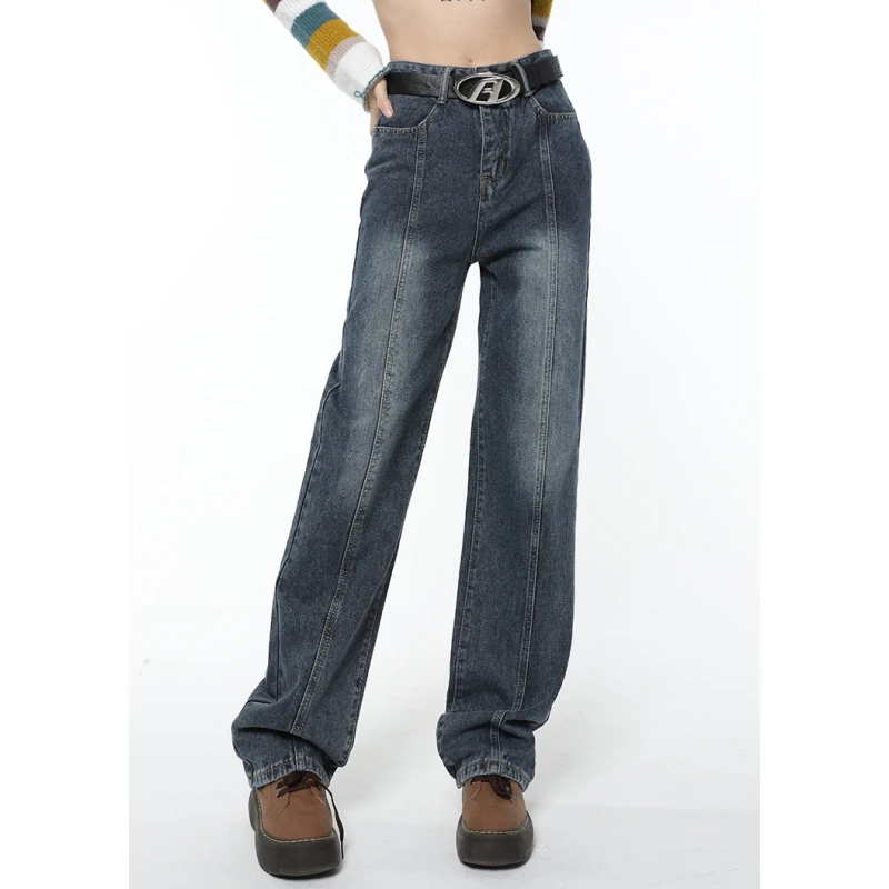 

Синие женские джинсы с высокой талией, градиентные винтажные американские модные уличные джинсы с широкими штанинами, женские джинсовые бр...