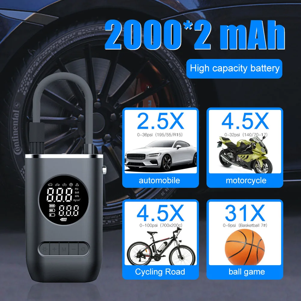 Portable Car Electrical Air Pump DC 7.4V 150 PSI Wireless Tire Inflatable Pump with LED Lighting for Car Motorcycle Bicycle Ball