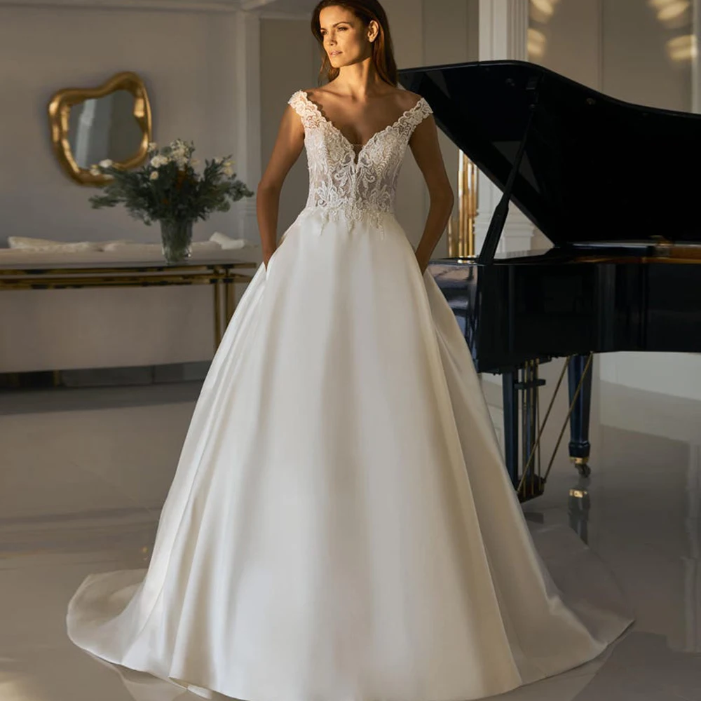 

Classic Wedding Dress 2022 V-Neck Sleeveless Beading Appliques Vintage Bridal Gown Simple A-Line Satin Backless Vestido De Novia