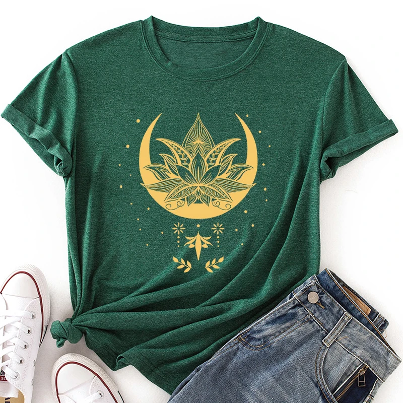 

Galaxy Lotus Summer Women T-Shirts Crew Neck Short Sleeve Casual Flower Graphic Tee Shirt Tops Oversized Female Clothes