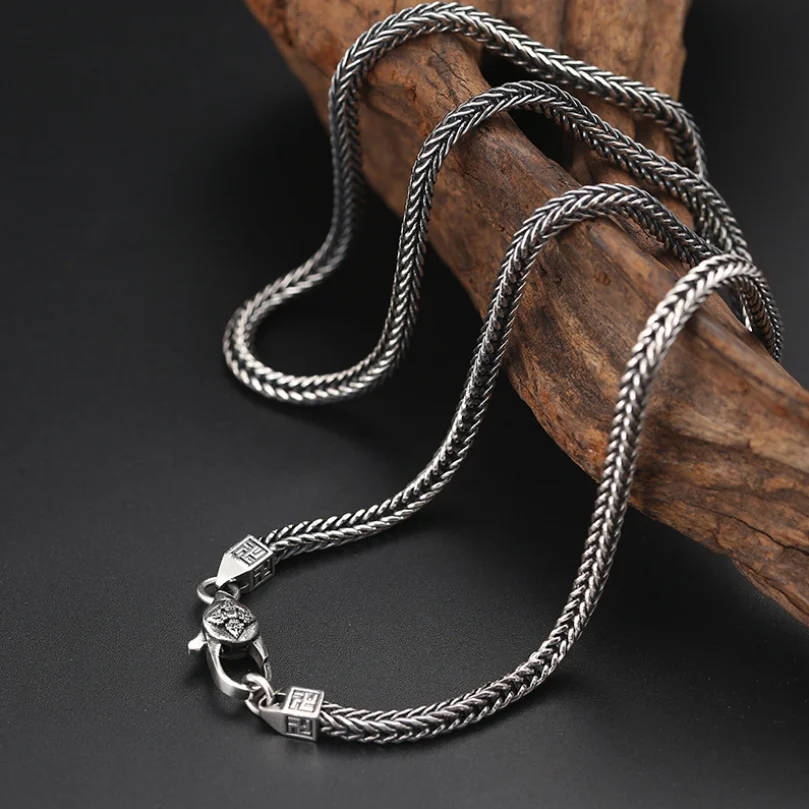 

Thai Silver 4mm Square Fox Tail Necklace Men Women S925 Sterling Silver Retro Classical Weave Long Chain Necklaces Jewelry