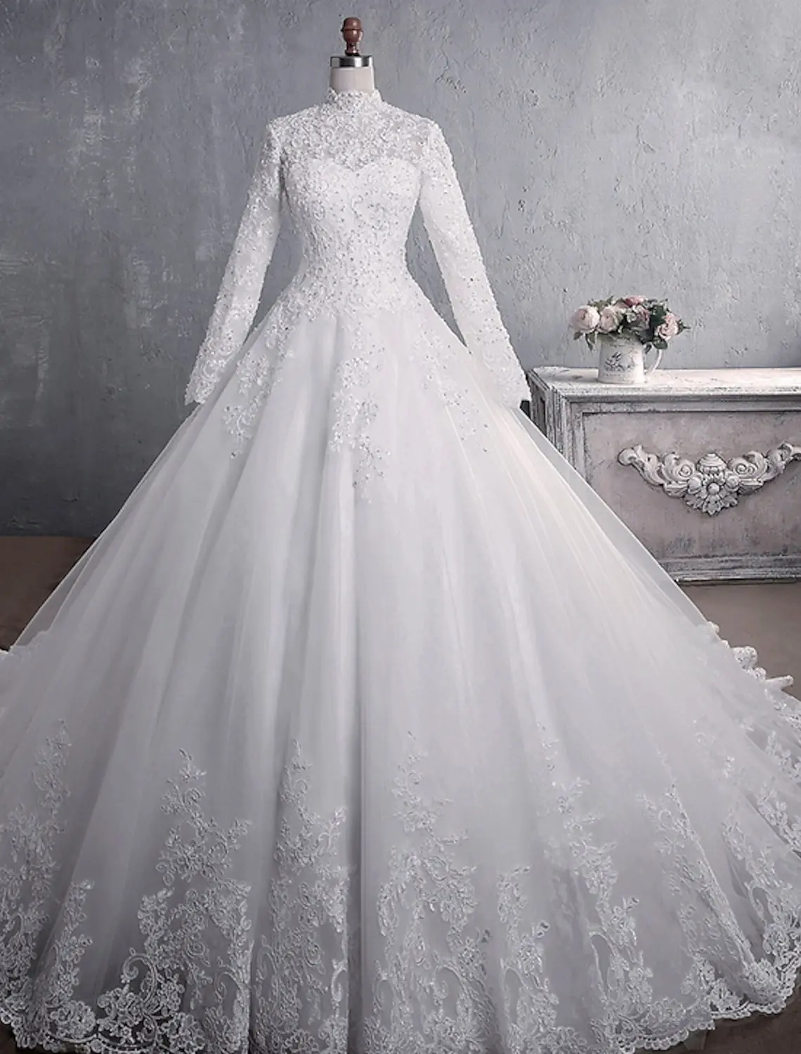 

Elegant Ivory Court Train A-Line Long Sleeve High Neck Lace with Appliques Woman Wedding Dresses Bridal Engagement Party