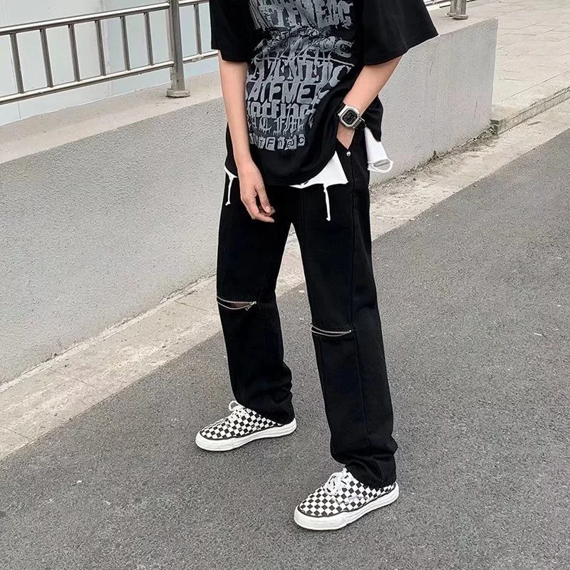 Summer Black Ripped Jeans Men Fashion Casual Straight Jeans Men Streetwear Loose Hip Hop Hole Denim Pants Mens Trousers S-3XL