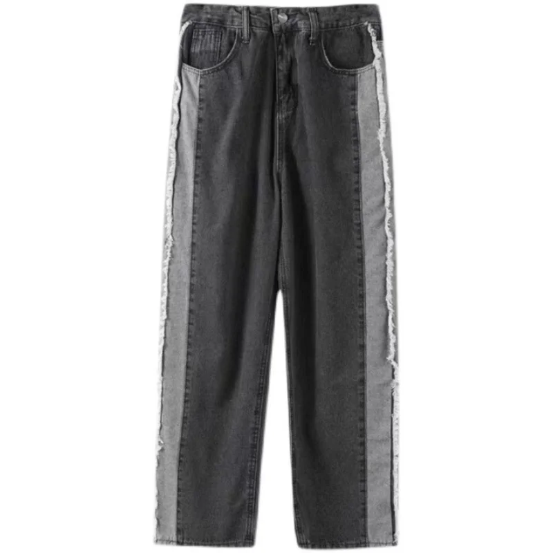 DEEPTOWN Patchwork Jeans Men Black Blue Denim Pants Male Streetwear Hip Hop Loose Causal Straight Trousers Fashion Spliced