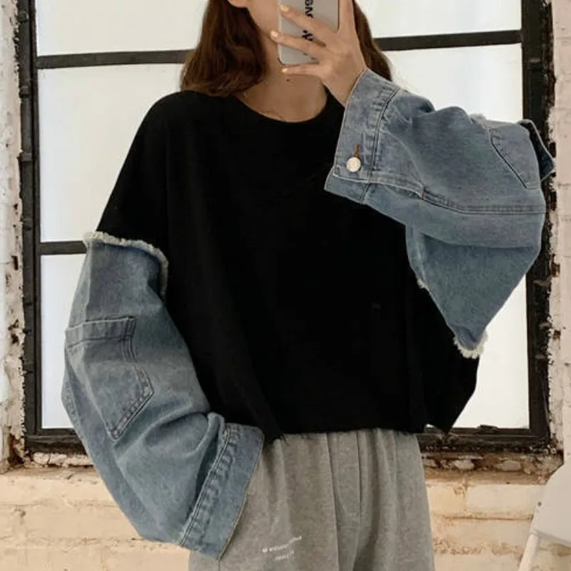 

No Hat Hoodies Sweatshirts Indie Chic Feminino Casual Trendy Daily Ins Women O-Neck Patchwork All-match Fashionable Streetwear