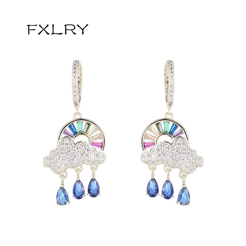 

FXLRY New Fashion AAA Cubic Zircon Cloud Raindrop Rainbow Earrings For Women Wedding