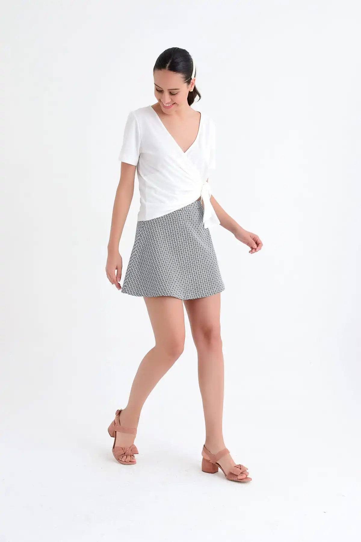 

Women's Skirt Gray Patterned Flared Skirt With Elastic Waist Summer Fashion Casual Short Sleeve Elegant Skirt
