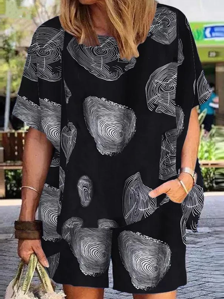 

Women Casual Loose Shorts 2pcs Outfits Spring Circle Print Short Sleeve Top & Wide Leg Pants Shorts Suit Summer Loose Beach Set