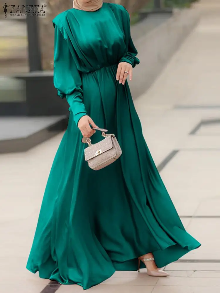 

ZANZEA Holiday Party Satin Dress Women Full Sleeve O Neck Sundress Kaftan Long Maxi Robe Dress Islamic Clothing Vestidos Femme