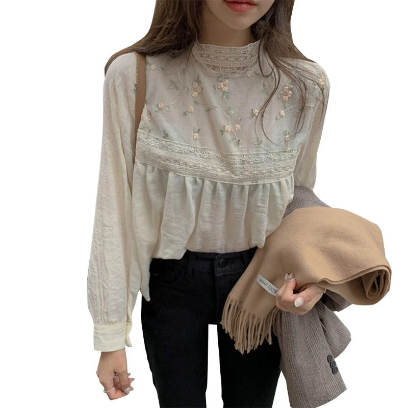 

New style Women Long Sleeve Mock Neck Shirt Sweet Floral Embroidery Blouse Elegant Lace Stand Collar Keyhole Button Loose Tops