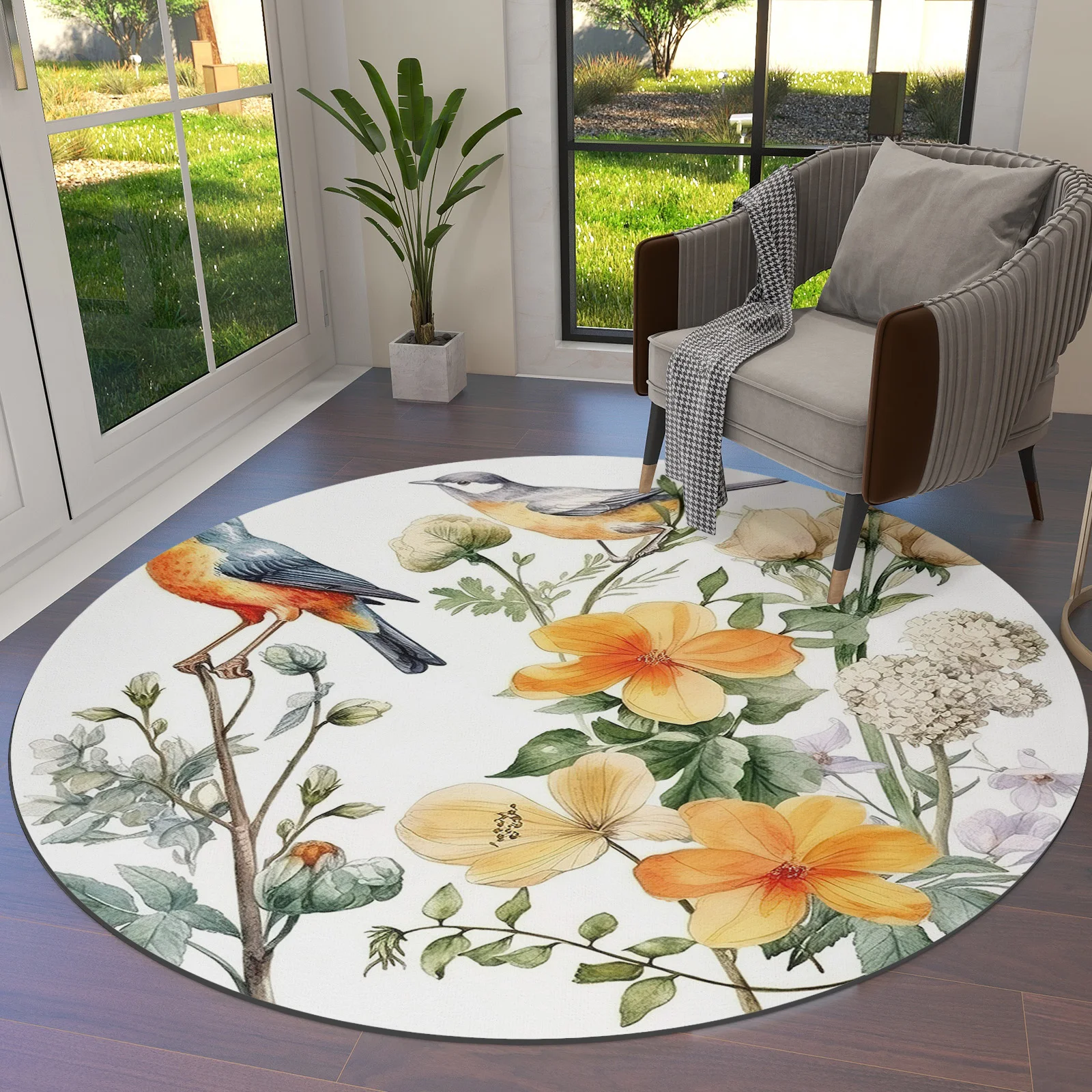 

Декор для детской комнаты, Ностальгический круглый коврик с птичьими цветами, листьями, ветвями, для гостиной, большой напольный коврик, для дома, спальни