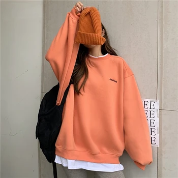 Orange Gray Sweatshirt Women M-XL Fake Two Piece M-XL Size Hoodie Female Loose Korean Fleece Streetwear Letter Embroidery tops 2