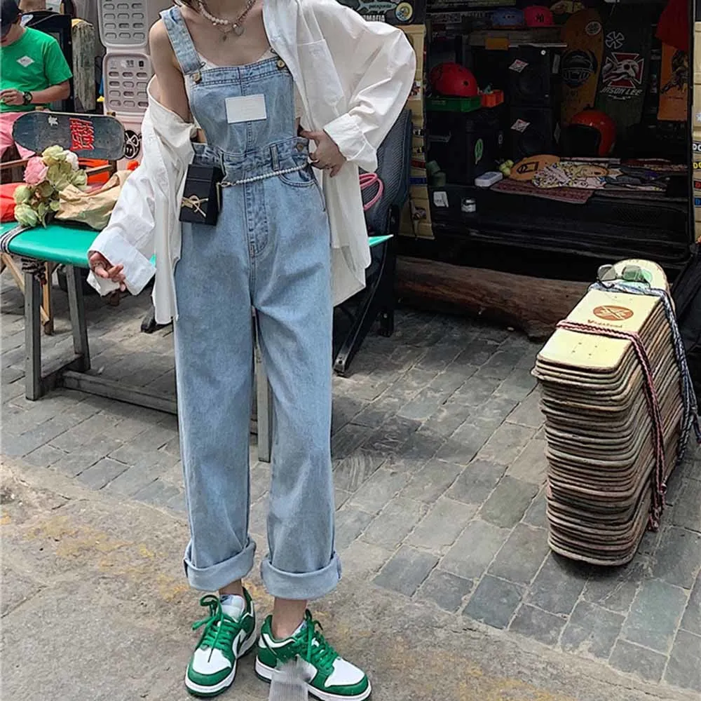 

Denim Jumpsuit Women Basic Overalls Loose Straight Casual High Street Office Women Elegant Long New Style Hot Sale Blue Fashion