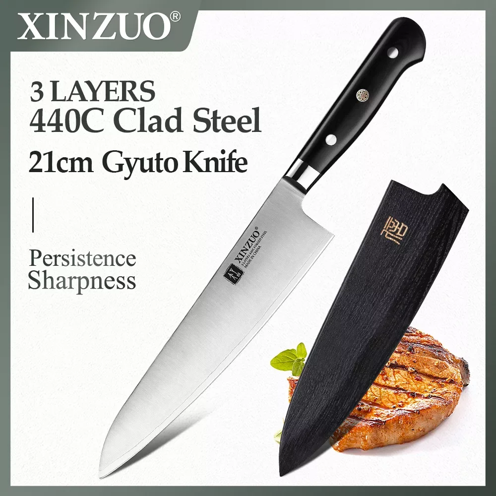 

XINZUO 210mm Chef Knife 3 Layer 440C Core Clad Steel Kitchen Knives Stainless Steel Sharp Butchers Gyutou Knife with G10 Handle
