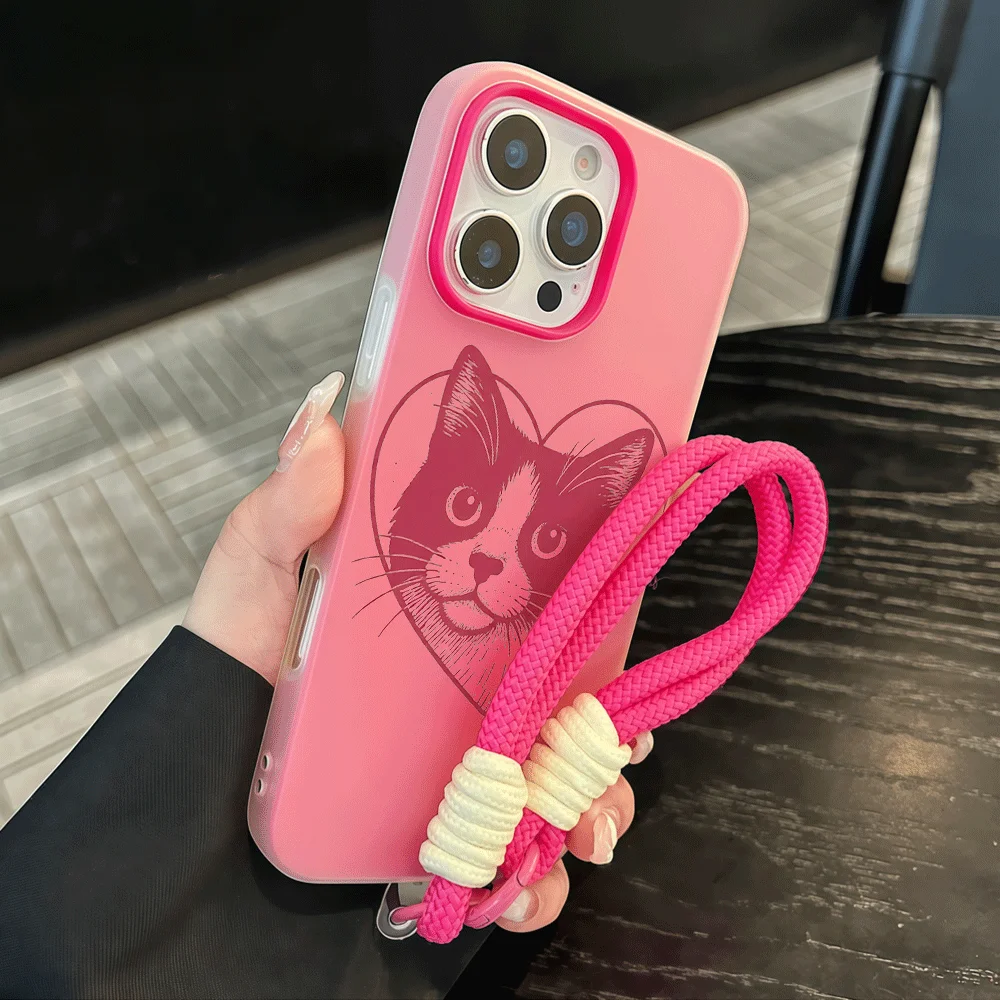 Фото Чехол для телефона Macaron для Xiaomi 17 Pro Max Mi11 Lite 5G 15T 14T Pro, противоударный, матовый, мягкий, с ремешком, милый дизайн с кошкой и сердечками №4