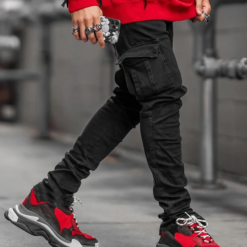 Jeans 2022 Men Pants Casual Cotton Denim Trousers Multi Pocket Cargo Jeans Men New Fashion Denim Pencil Pants Side Pockets Cargo