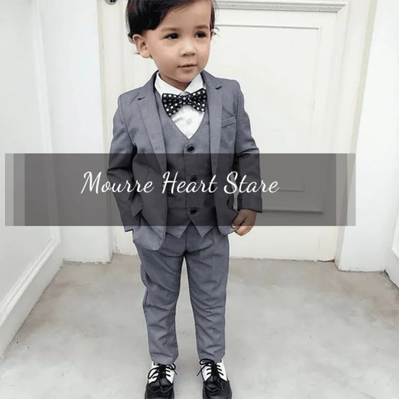 Gray Boy Child Wedding Suit Slim Fit Formal Blazer Set Kids Party Hosting Clothing Teen Jacket Vest Pant Tuxedo