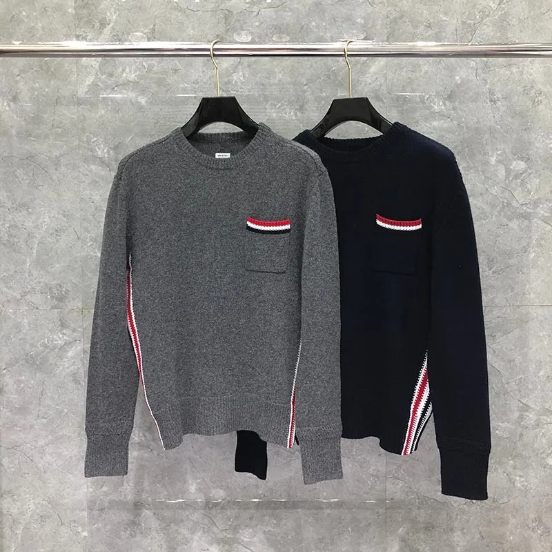 TB THOM Men's Sweaters 2022 Korean Fashion Brand Pullovers Side Vertical Stripes Pocket Crewneck Sweater Casual Daily Sweaters