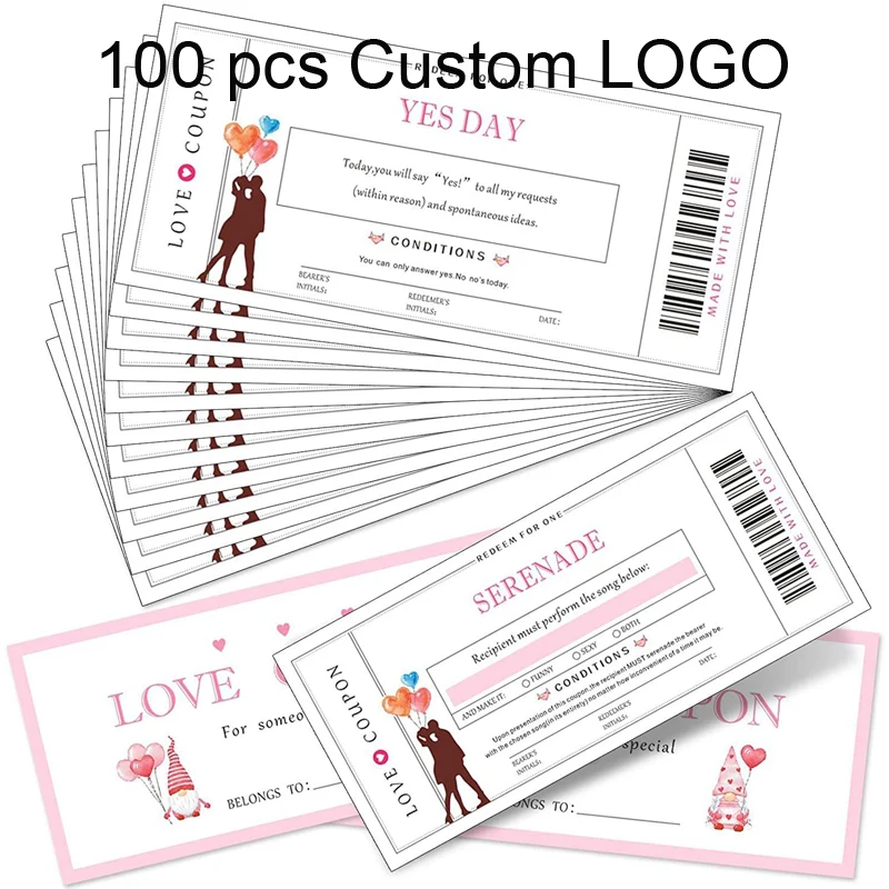 New Selling Love Coupons Gift Voucher Cards with Bar Code Personalized Customized For Boyfriend And Girlfriend In The Daily