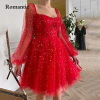 romantic mini red evening dress starry tulle with golden stars see through puff sleeves sweetheart for special occasion 2022