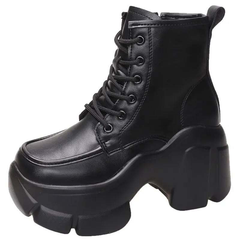 

British Style Chunky Platform Ankle Boots Women Pu Leather Wedges Heels Combat Boots Woman Lace Up Black Short Booties Female