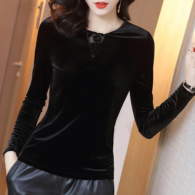 Осень и зима Новая женская нижняя рубашка Элегантная футболка с круглым вырезом