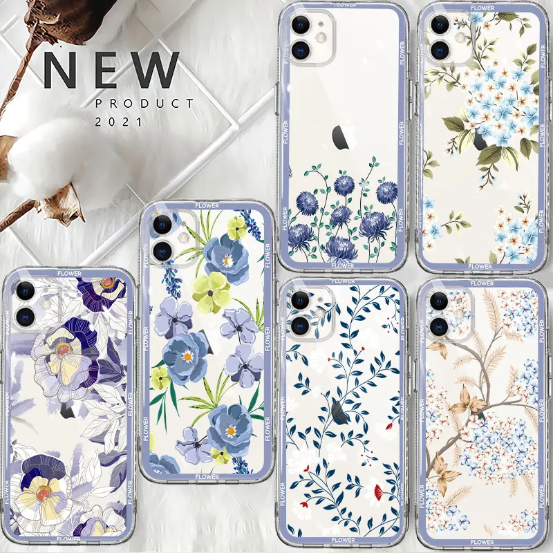 

Pretty Grey Blue Flower Pattern Clear Case For iPhone 14 13 12 11 Pro Max 13 12 Mini XS Max XR X 7 8 6 6S Plus Transparent Cover