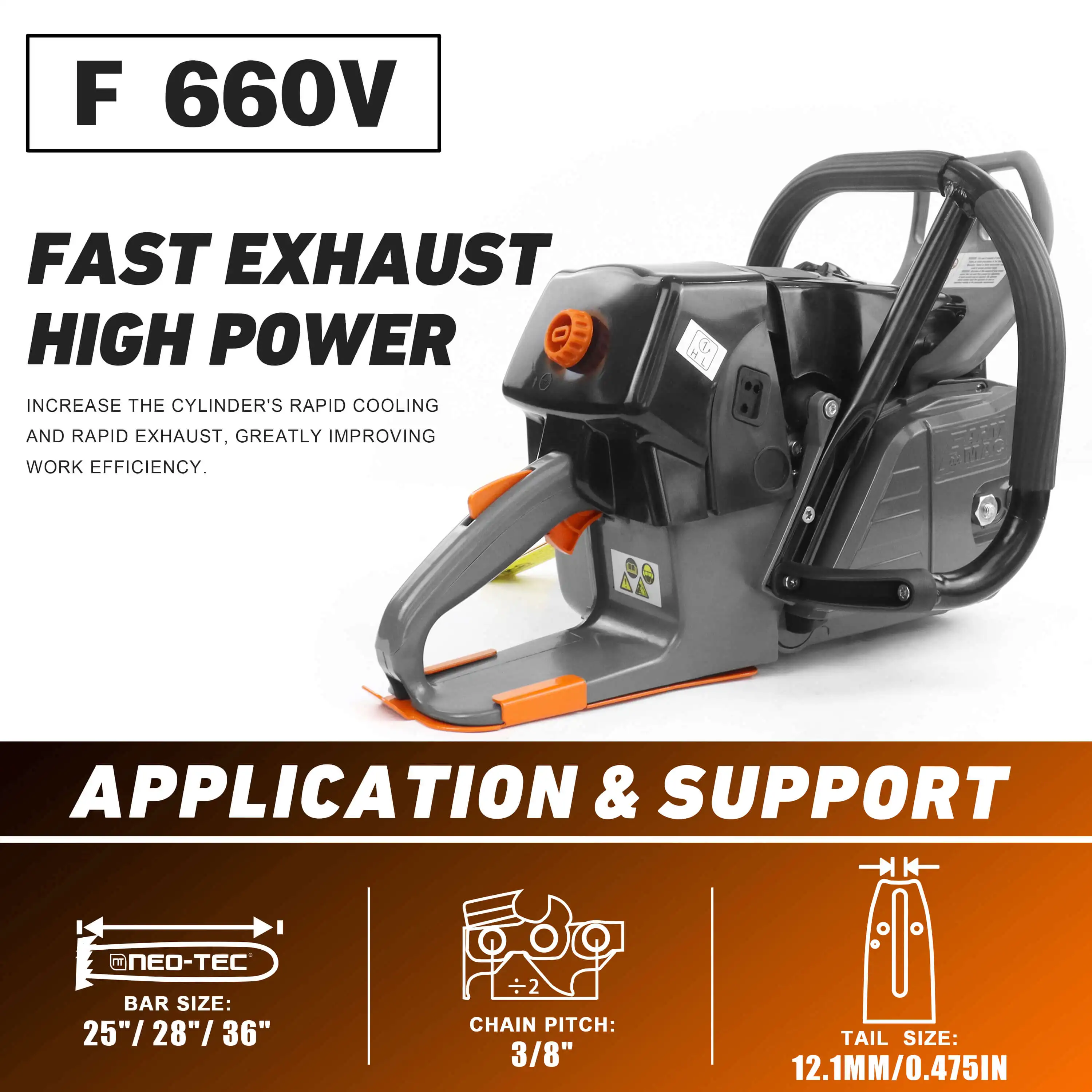 Фото NEOTEC F660V 92CC Высококачественная умная версия газовой бензопилы, силовая головка 5,2 кВт, 7 л.с., подходит для стержня 25/28/36/42 дюйма, подходит для 660 G660 №5