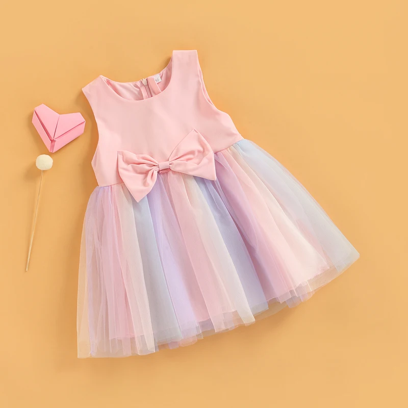 

Toddler Kids Girls Princess Dress Sleeveless Bowknot Rainbow Color Tulle Tutu Dress Summer Party Pageant Dress