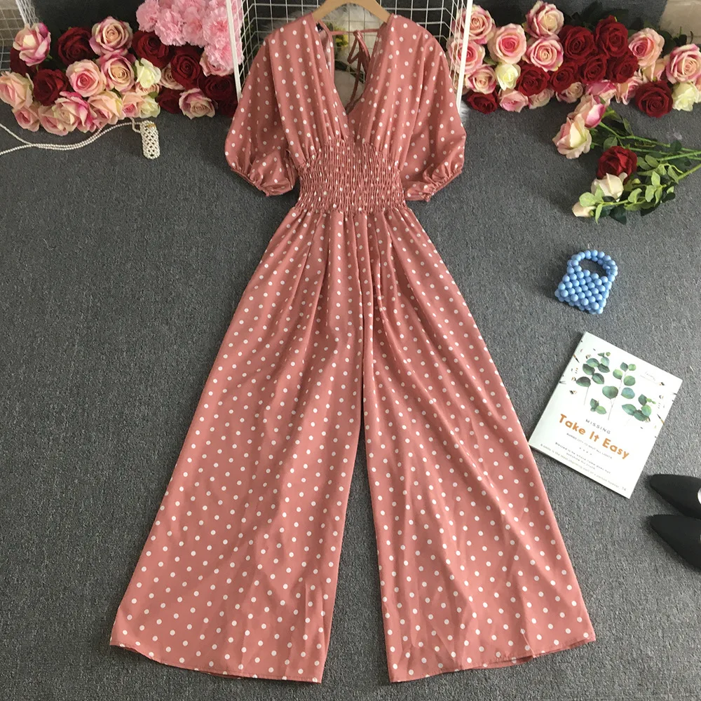 Spring Sexy V-neck Polka Dots Jumpsuits Women High Waist Bubble Short Sleeve Wide Leg Trousers Loose Korean Fashion New