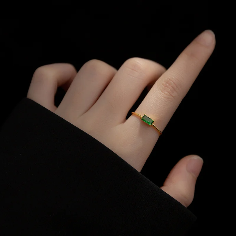 

WOOZU 925 Sterling Silver Simple Luxury Vintage Green Zircon Open Rings for Women Teen Statement Charming Exquisite Jewelry Gift