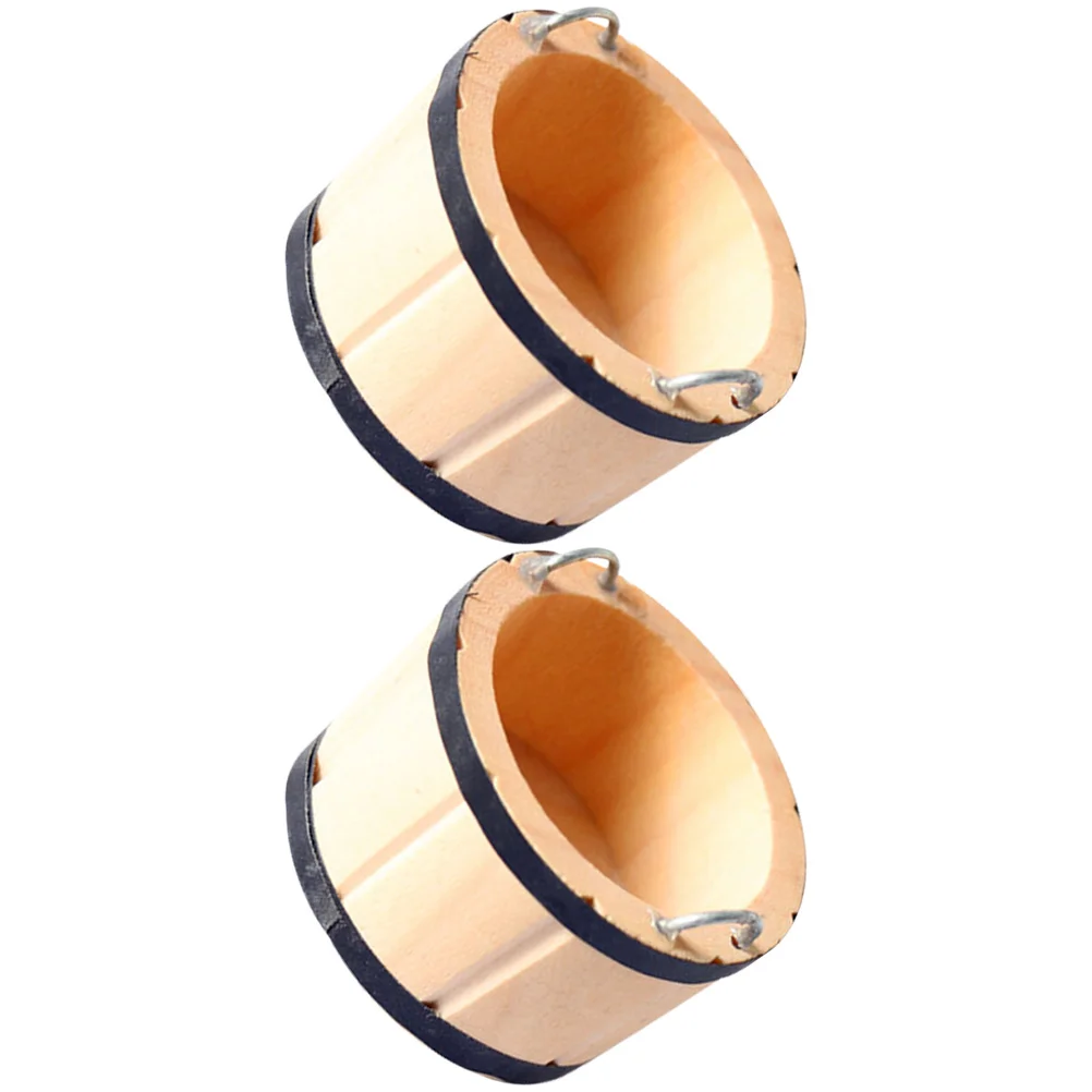 

2 Pcs Log Color Wooden Barrel Toys Miniature Buckets Play Miniature Gardening Accessory Metal Miniature Ornament