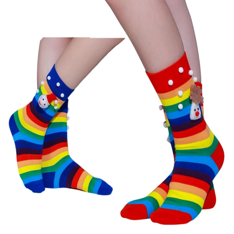 

1 Pair Christmas Socks Painting Pattern Fashion Rainbow Stripe Socks Warm Socks