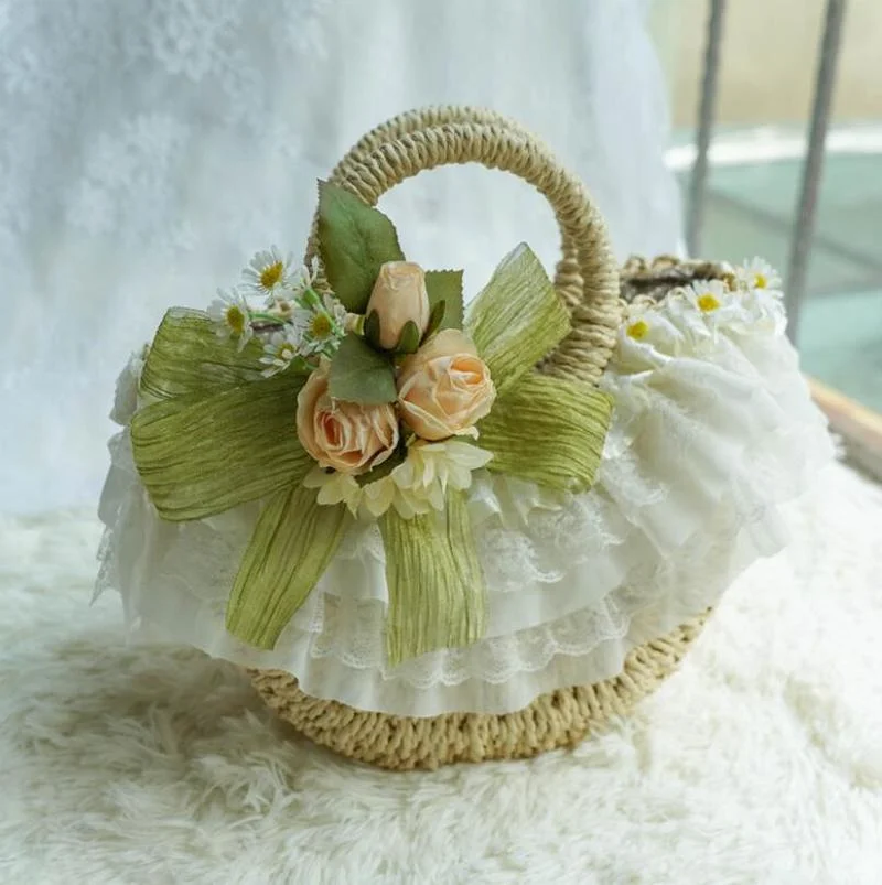 

Lolita Lace Straw Bag Handmade Bags for Women Weaving Rattan Shoulder Bag Moon Shaped Purse and Handbags for Girls Flower Totes