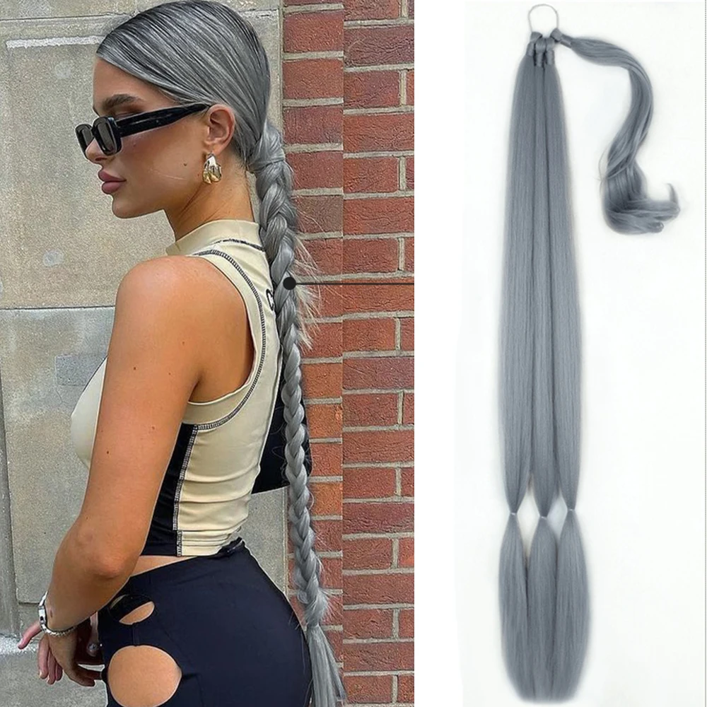 Long Braided Ponytail Extensions with Hair Tie Straight Wrap Around Hair Natural Soft Synthetic Hairpiece 34 Inches for Women