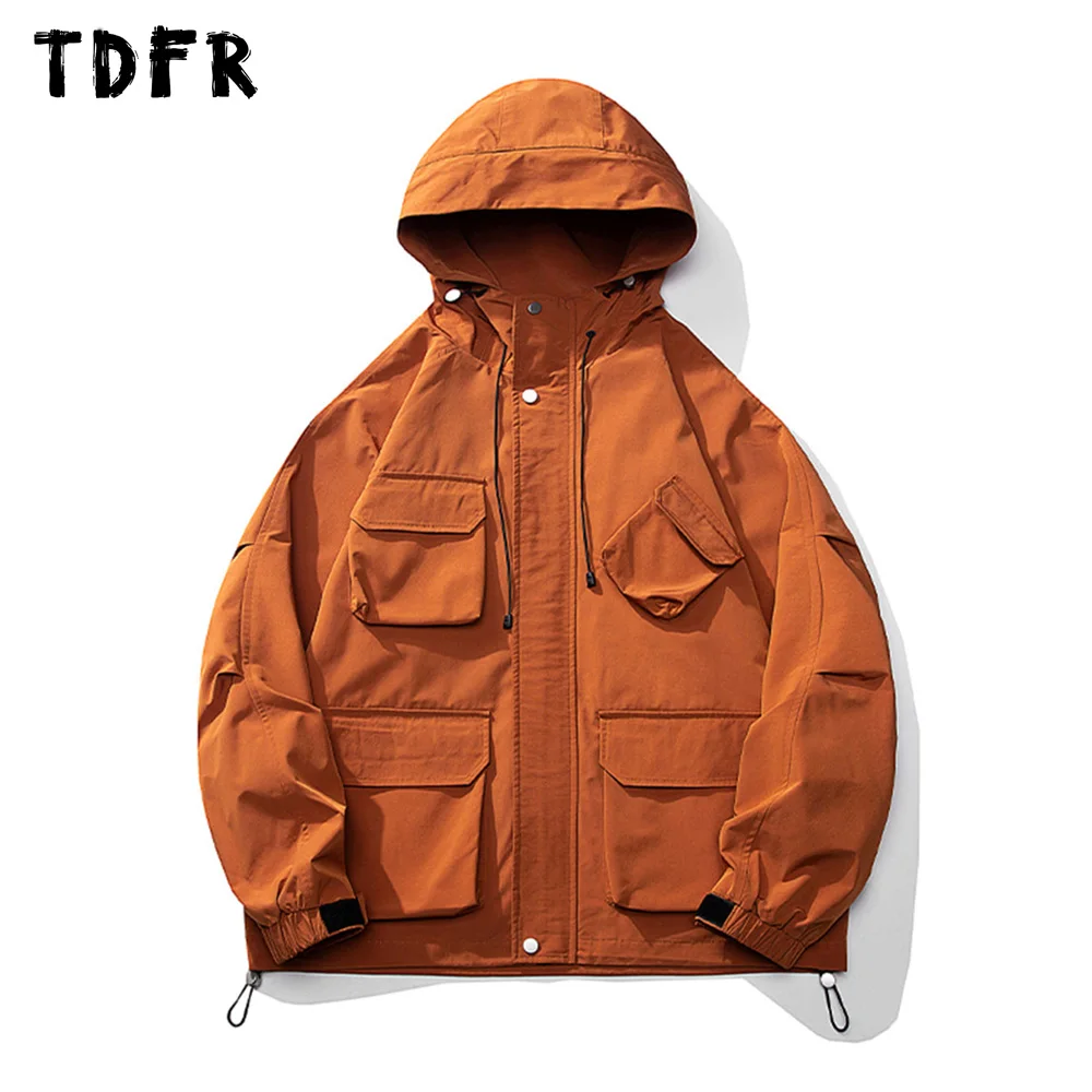 

Куртка-карго Мужская осенняя, однотонная Повседневная Свободная ветровка со шнуровкой на подоле, с несколькими карманами, с длинным рукавом