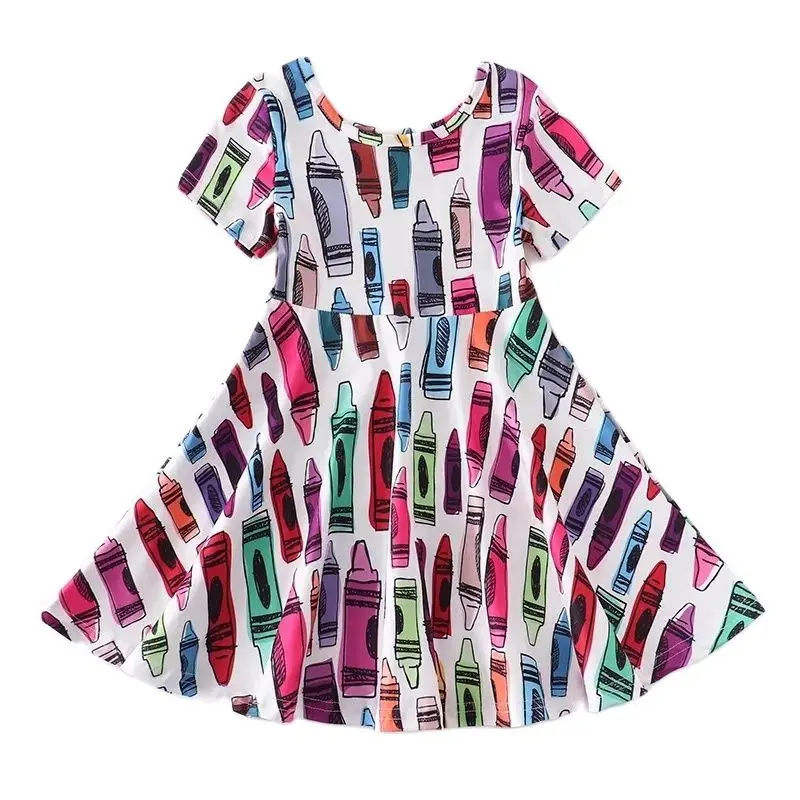

Лидер продаж, платье для девочки «назад в школу», цветной карандаш, трапециевидная детская одежда с короткими рукавами для маленьких детей, школьников, оптовая продажа