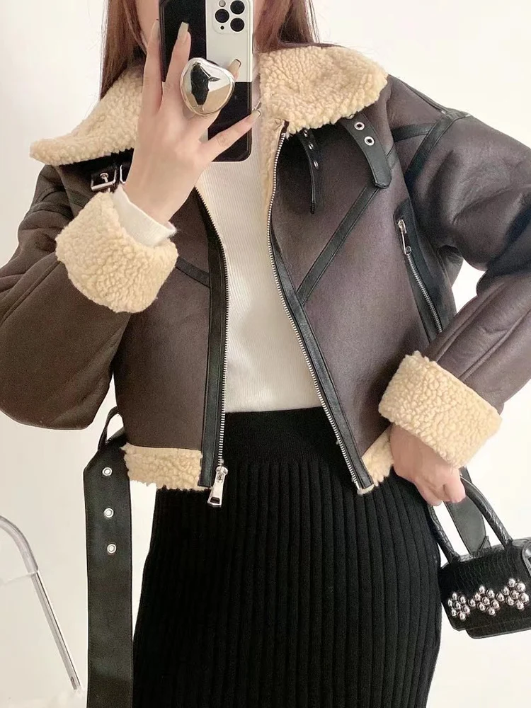 Winter Women Streetwear Faux Lamb Leather Fur Short Jacket with Belt Moto Biker Thick Warm Sheepskin Coat Outwear Leather Jacket