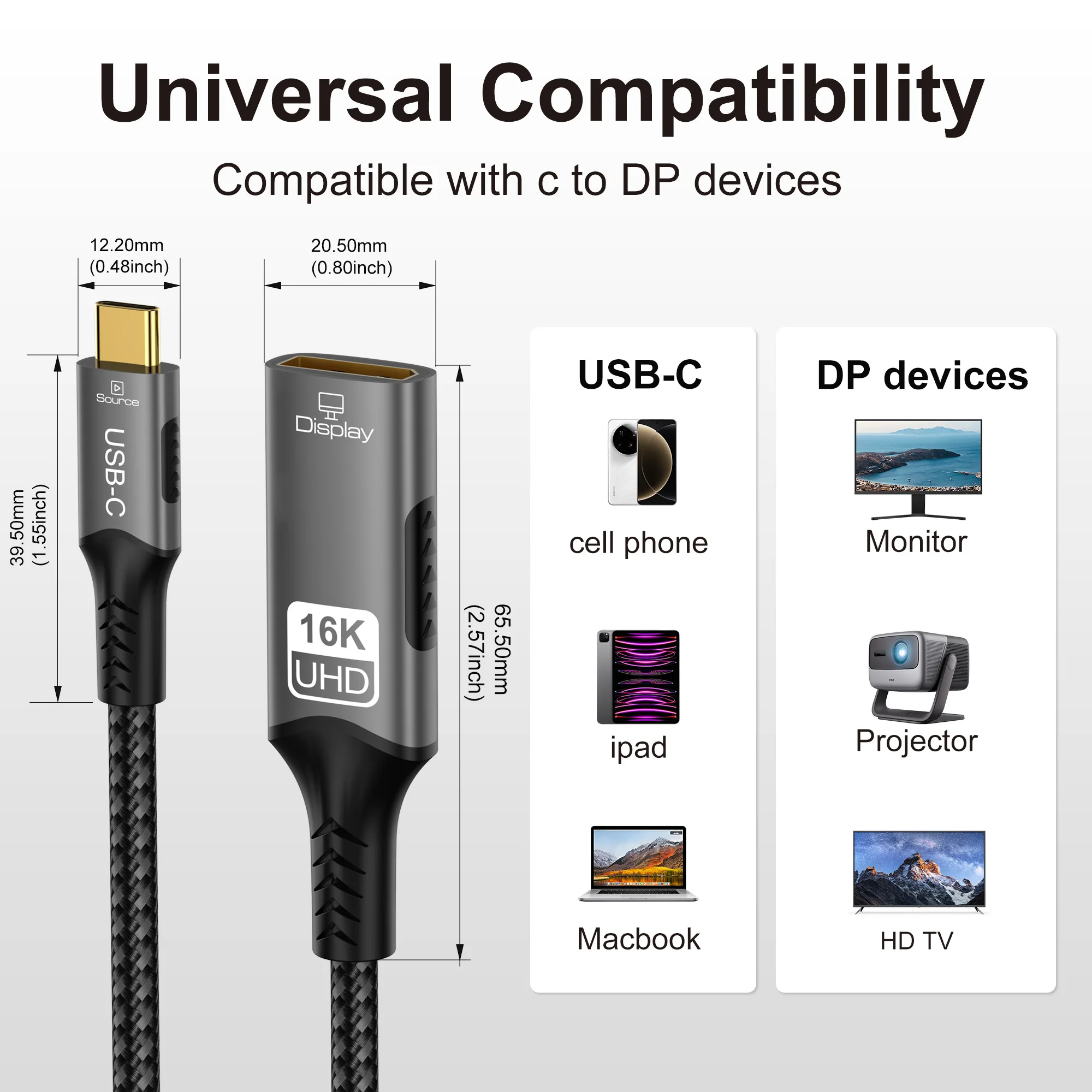 Фото Кабель 16K Type C — DisplayPort Переходник USB C «папа» — «мама» DP 80 Гбит/с (DSC) DP 2.1 для игрового монитора, ноутбука, ПК, ТВ №2