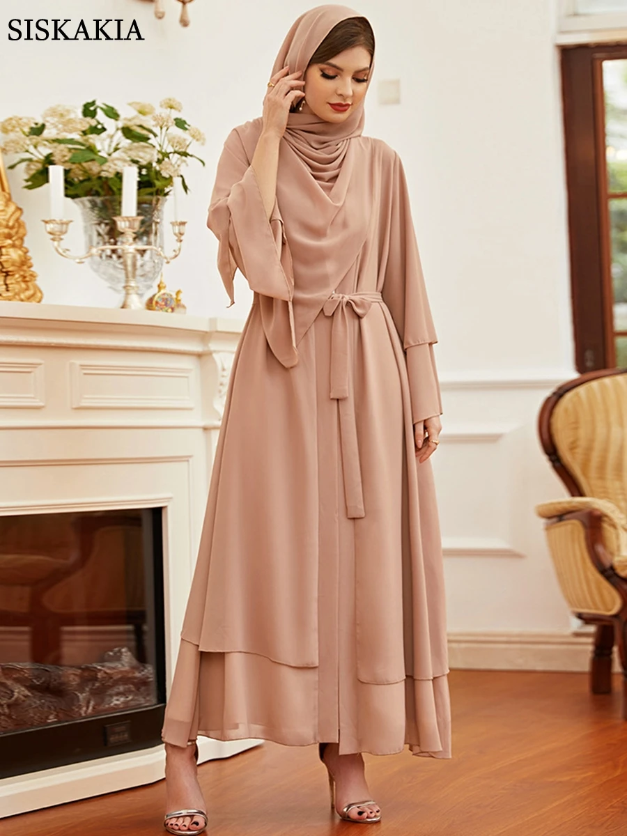 

Ramadan Eid Djellaba Trumpet Sleeve Open Front Belted Abaya Layered Solid Chiffon Hijab Dress Women Robe Femme Kaftan
