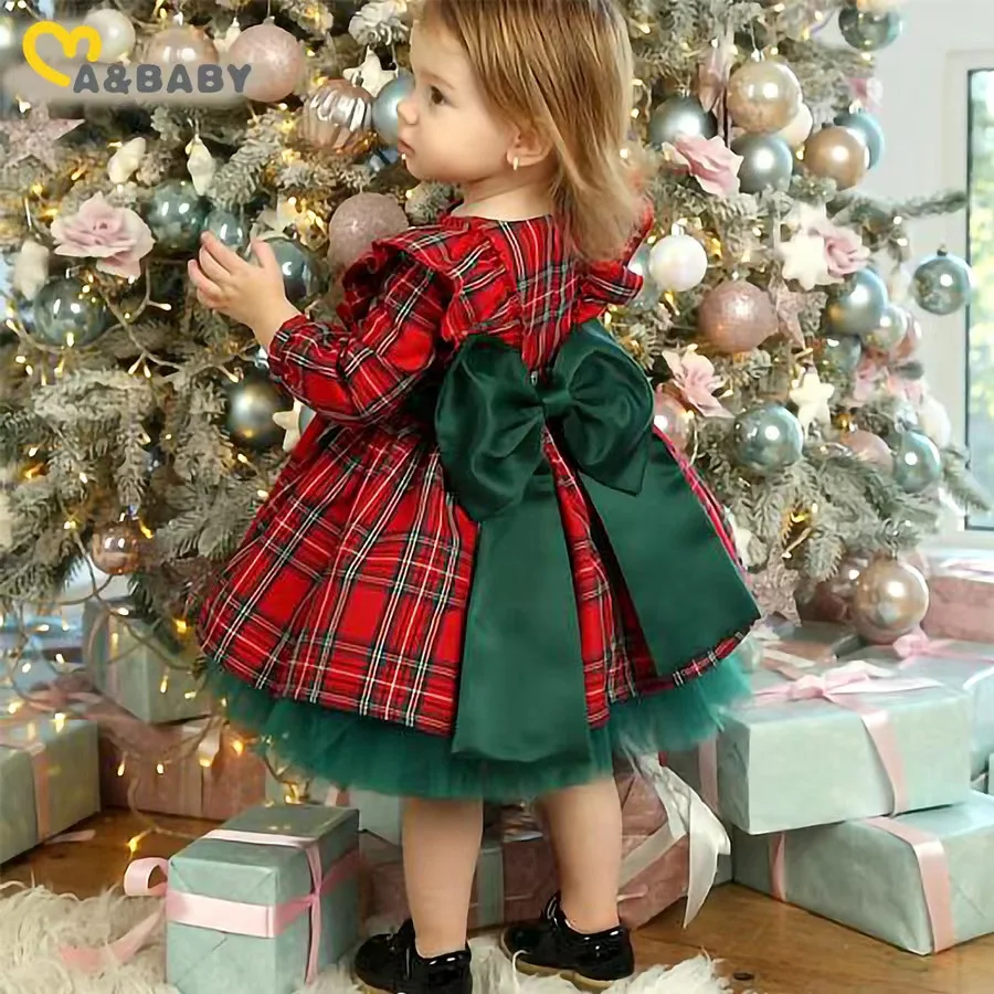 Little Toddler Baby Girl Christmas Outfits Red Plaid Long Sleeve Dress Princess Tulle Bow Tutu Skirt Dresses Xmas Clothes