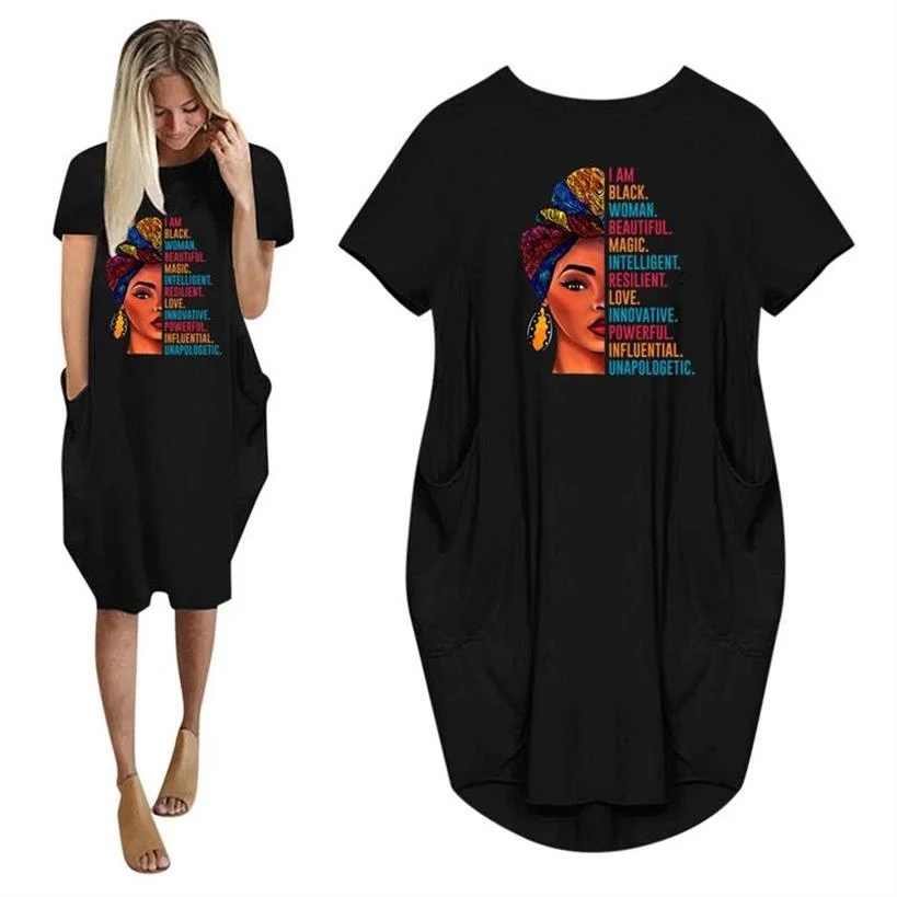 

Summer Autumn100%Cotton Fashion African Dresses For Women 2022 Pocket Black Beatiful Print T Shirt Dress Midi Robe Femme Vestido