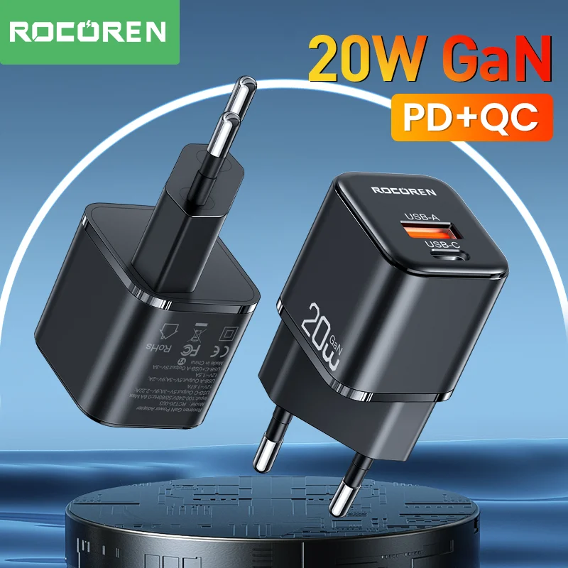 

Rocoren PD 20W GaN Fast Charging Charger Dual USB Type C PD3.0 QC3.0 Quick Charger For iPhone 14 13 12 Pro Max Xiaomi POCO X4 F4