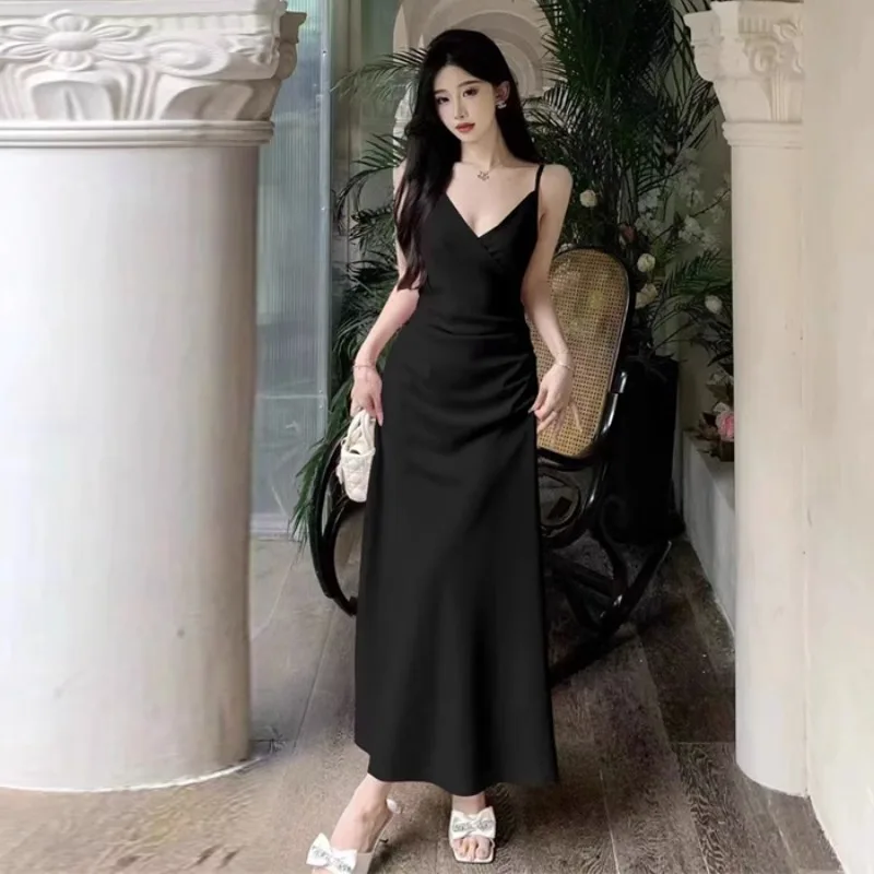 

Women's Dress Folds Off Shoulder Sleeveless Ankle-Length Dresses Spaghetti Strap Solid Color V-Neck Sexy Vestidos Dropship