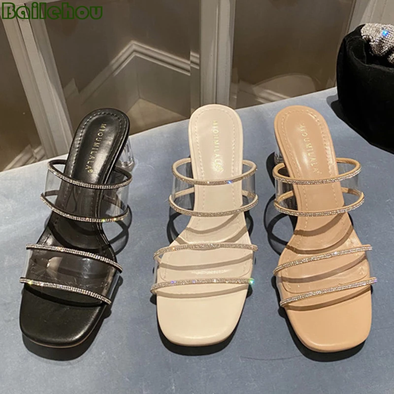 

Шлепанцы стразы, женские сандалии с квадратным носком, женские туфли-лодочки, женская обувь для женщин 2022, модные шлепанцы на высоком каблук...