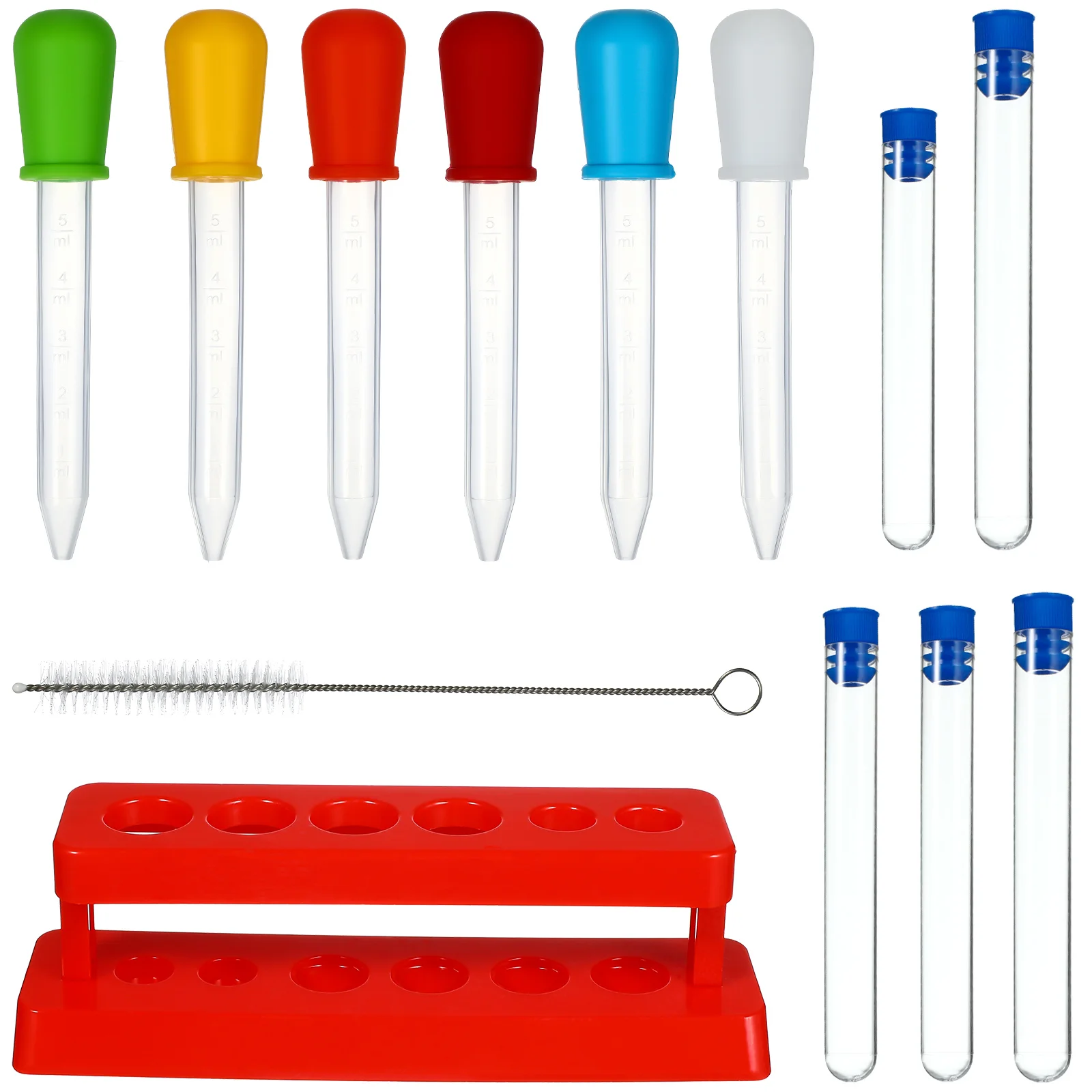 

Clear Plastic Test Tubes Liquids Container with 6 Holes Tube Stand Silicone Droppers and Cleaner Brush for Science Experiments
