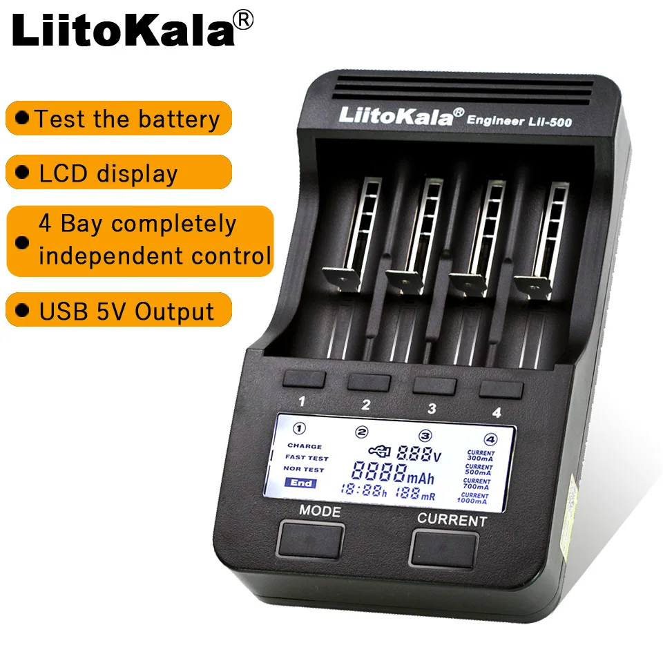 

Зарядное устройство LiitoKala Lii-500, 402, 202, 100, 1,2 В–5 В, 2 А, для зарядки литиевых, никель-металлогидридных аккумуляторов, 18650, 26650, 18350, 16340, 18500, AA, AAA