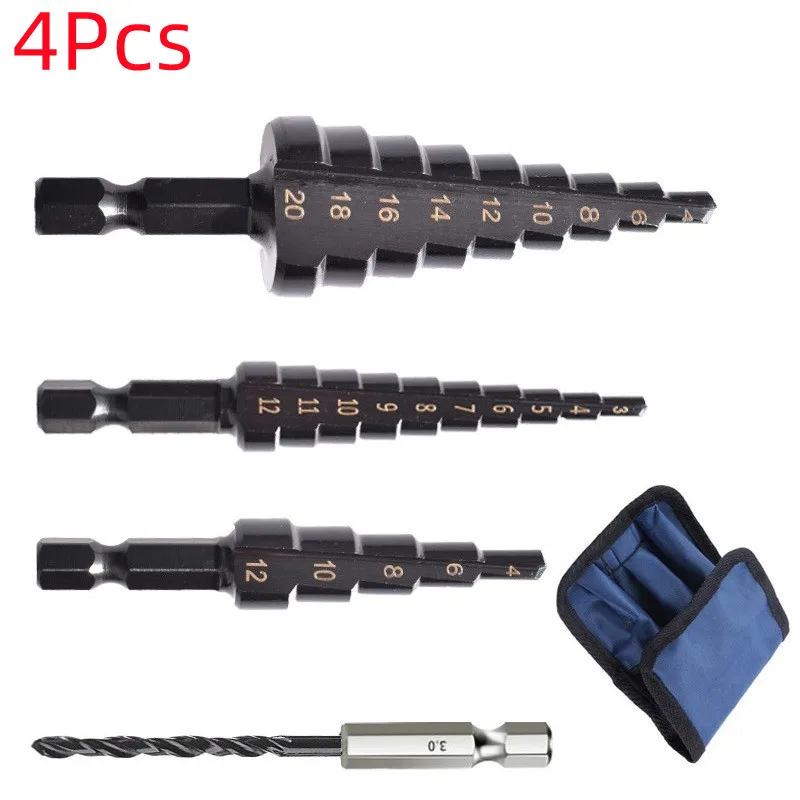 

3-12mm 4-12mm 4-20mm HSS Straight Groove Step Drill Bit Set Titanium Coated Wood Metal Hole Cutter Core Drill Bit Set