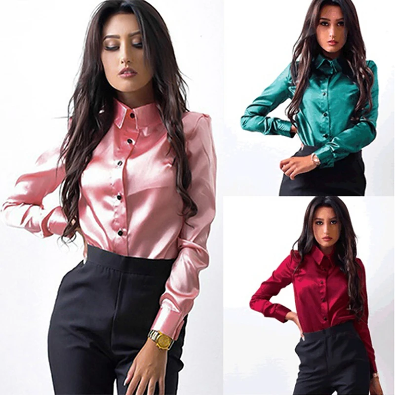 

Women Blouse Elegant Wine Red Green Satin Shirt Turn Down Collar Longth Sleeve Female Formal Office Blouse Women Tops New