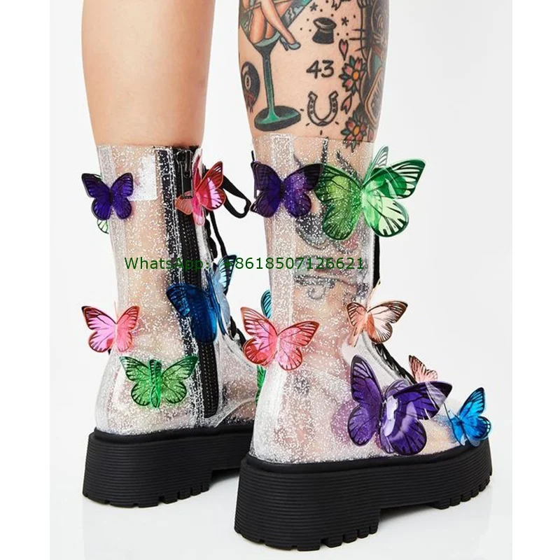 Silver Platform Butterfly Boots Side Zipper Cross Strap Calf Boots Round Toe Personality Fashion Shoes